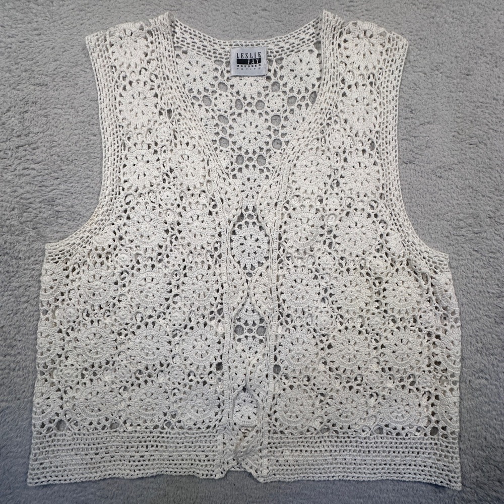 Vintage Leslie Fay Crochet Vest Sleeveless Cottage core Petite Medium‎ Grandma